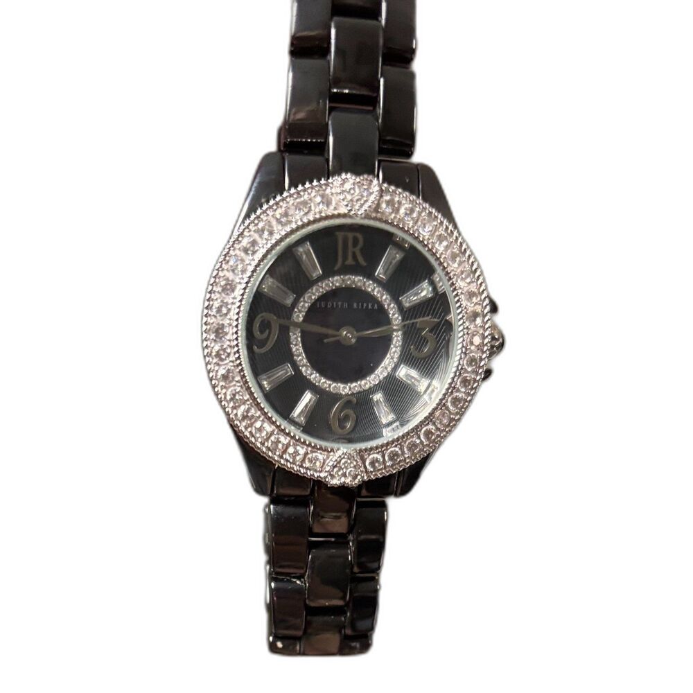 Vintage Judith Ripka Black Ceramic & Stainless Steel Diamonique Bracelet Watch